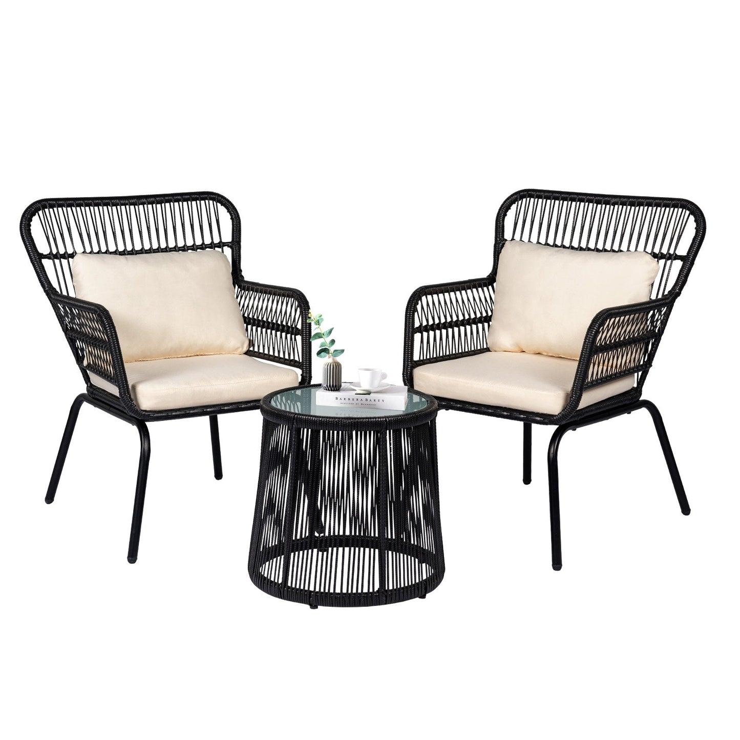 Ensemble de bistro en osier tressé pour extérieur, 3 pièces, ensemble de chaises de patio en rotin résistant aux intempéries avec coussins.