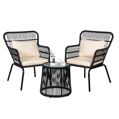 Ensemble de bistro en osier tressé pour extérieur, 3 pièces, ensemble de chaises de patio en rotin résistant aux intempéries avec coussins.