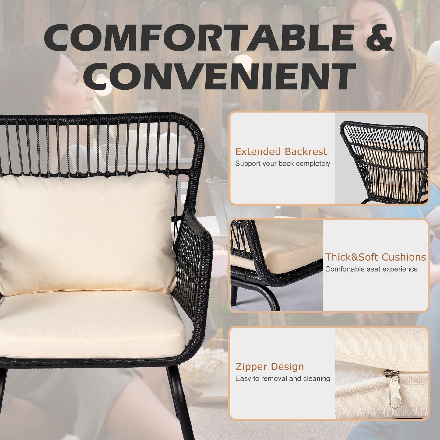 Ensemble de bistro en osier tressé pour extérieur, 3 pièces, ensemble de chaises de patio en rotin résistant aux intempéries avec coussins.