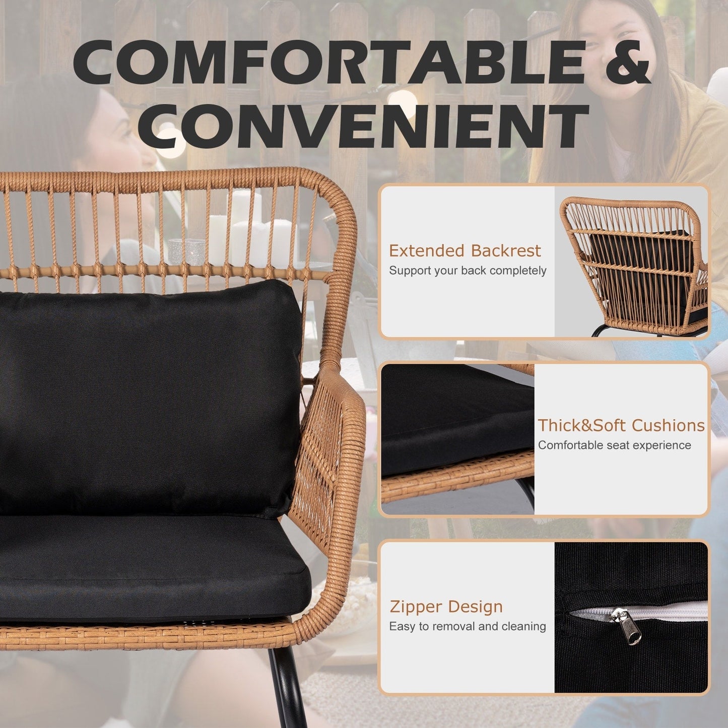 Ensemble de bistro en osier tressé pour extérieur, 3 pièces, ensemble de chaises de patio en rotin résistant aux intempéries avec coussins.