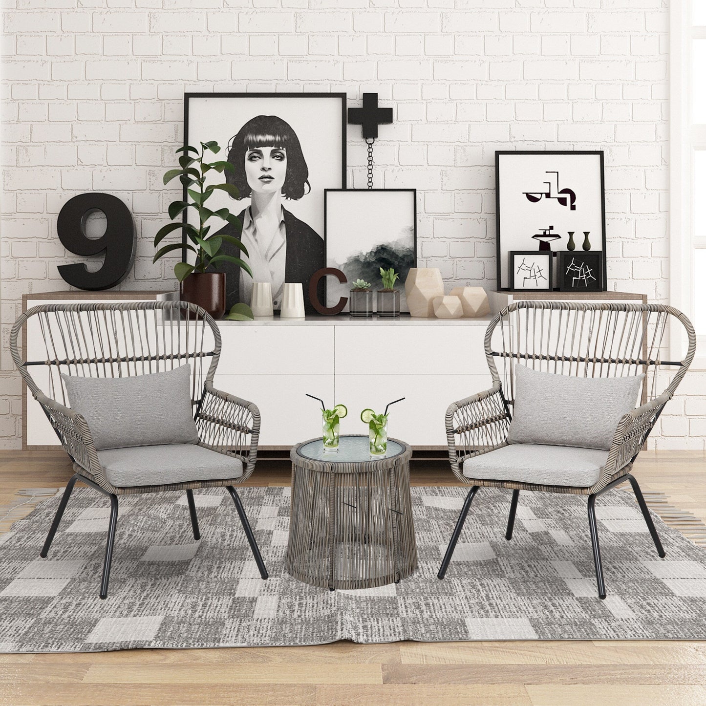 Ensemble de bistro en osier tressé pour extérieur, 3 pièces, ensemble de chaises de patio en rotin résistant aux intempéries avec coussins.