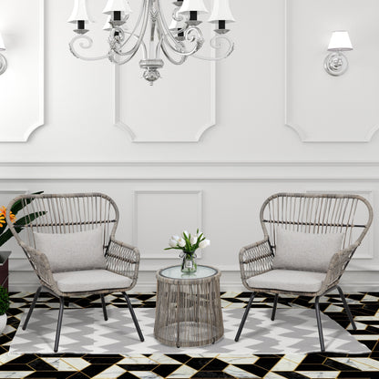 Ensemble de bistro en osier tressé pour extérieur, 3 pièces, ensemble de chaises de patio en rotin résistant aux intempéries avec coussins.