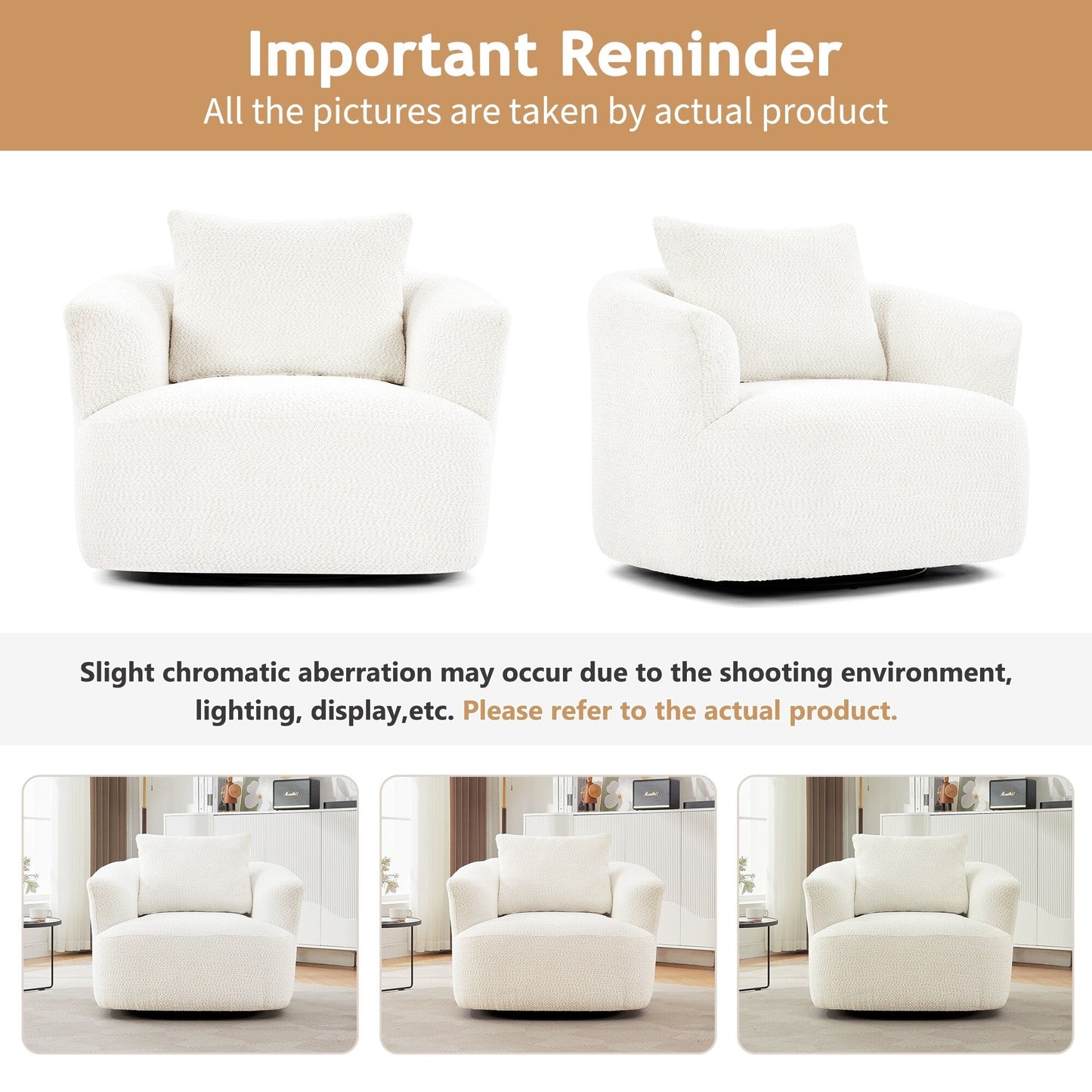 Chaise pivotante à 360°, chaise d'appoint en bouclé de 38,2 pouces avec coussin, canapé-fauteuil capitonné avec accoudoirs incurvés