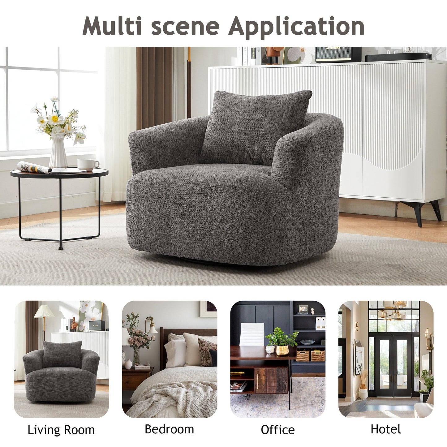 Chaise pivotante à 360°, chaise d'appoint en bouclé de 38,2 pouces avec coussin, canapé-fauteuil capitonné avec accoudoirs incurvés