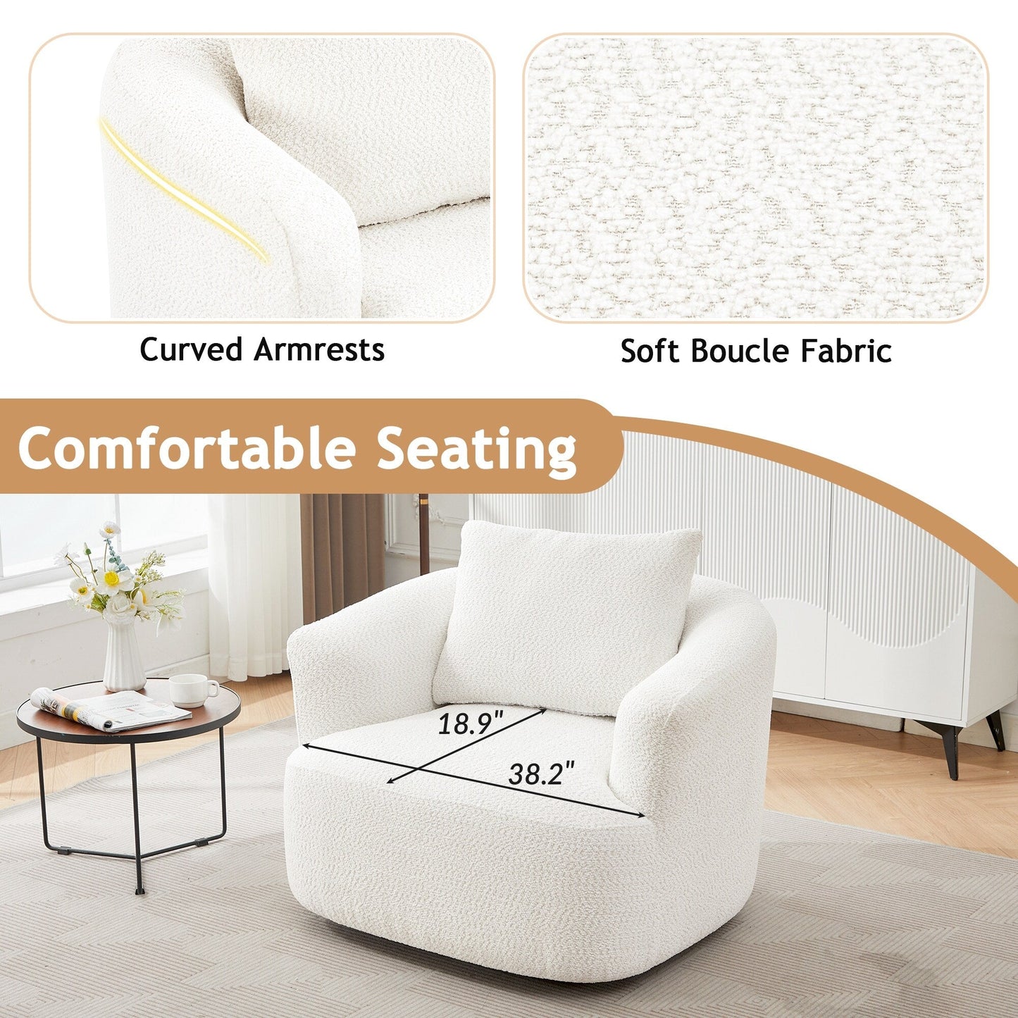 Chaise pivotante à 360°, chaise d'appoint en bouclé de 38,2 pouces avec coussin, canapé-fauteuil capitonné avec accoudoirs incurvés