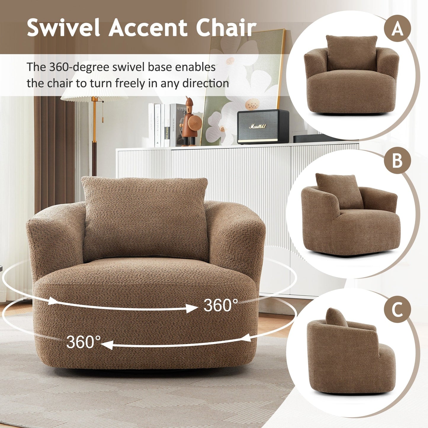 Chaise pivotante à 360°, chaise d'appoint en bouclé de 38,2 pouces avec coussin, canapé-fauteuil capitonné avec accoudoirs incurvés
