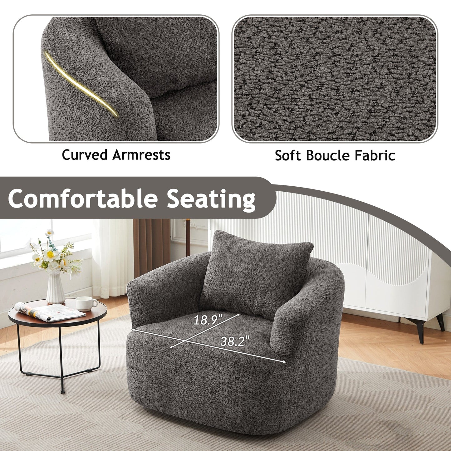 Chaise pivotante à 360°, chaise d'appoint en bouclé de 38,2 pouces avec coussin, canapé-fauteuil capitonné avec accoudoirs incurvés