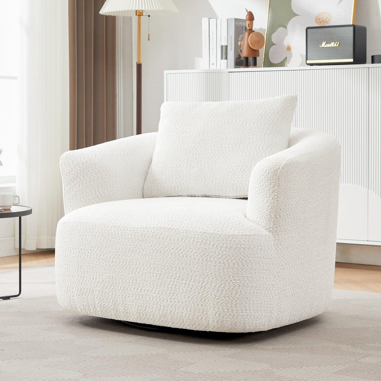 Chaise pivotante à 360°, chaise d'appoint en bouclé de 38,2 pouces avec coussin, canapé-fauteuil capitonné avec accoudoirs incurvés