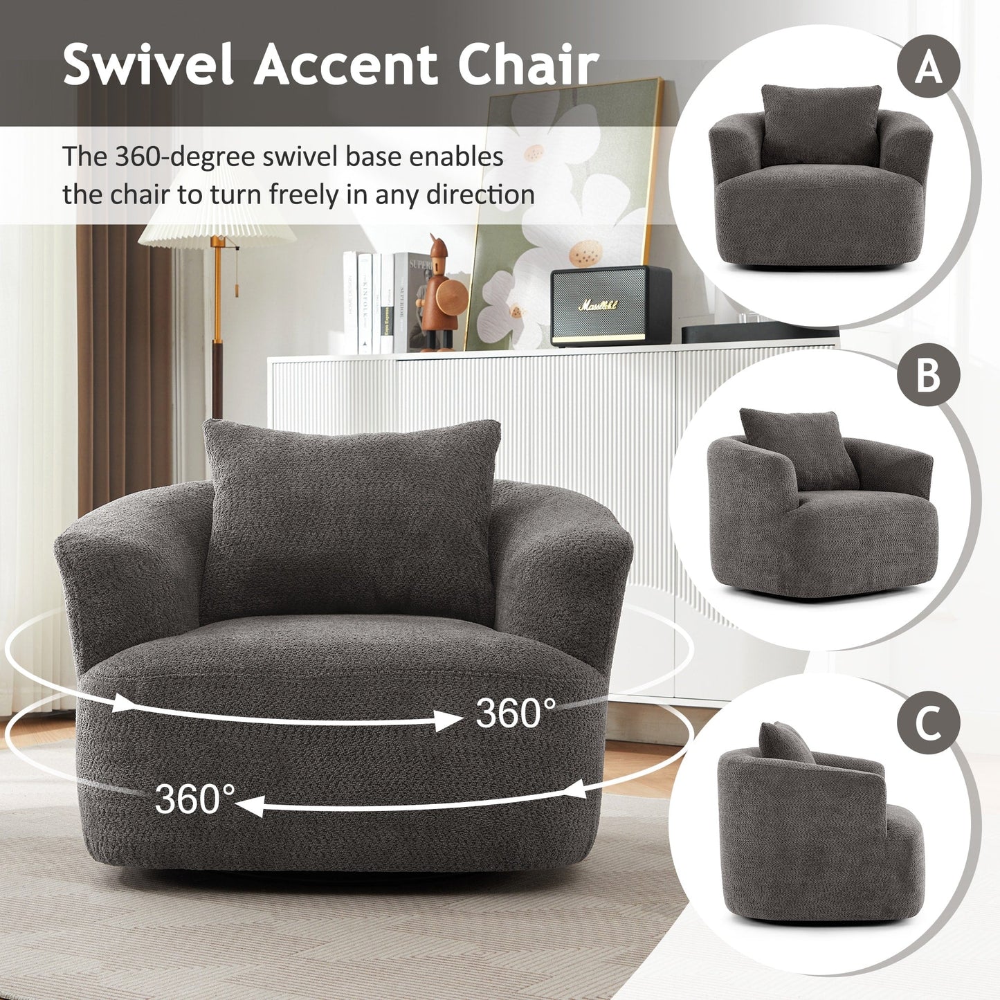 Chaise pivotante à 360°, chaise d'appoint en bouclé de 38,2 pouces avec coussin, canapé-fauteuil capitonné avec accoudoirs incurvés