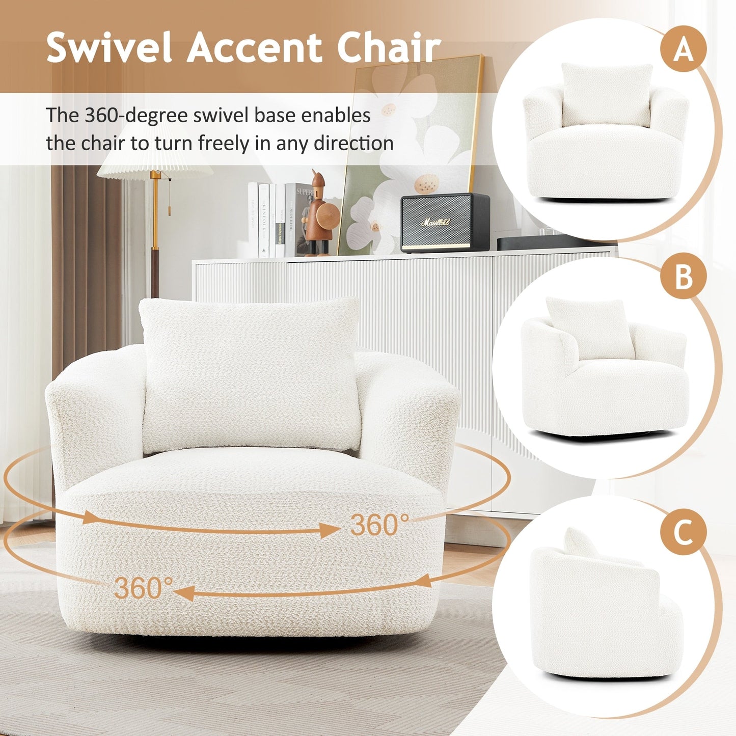 Chaise pivotante à 360°, chaise d'appoint en bouclé de 38,2 pouces avec coussin, canapé-fauteuil capitonné avec accoudoirs incurvés