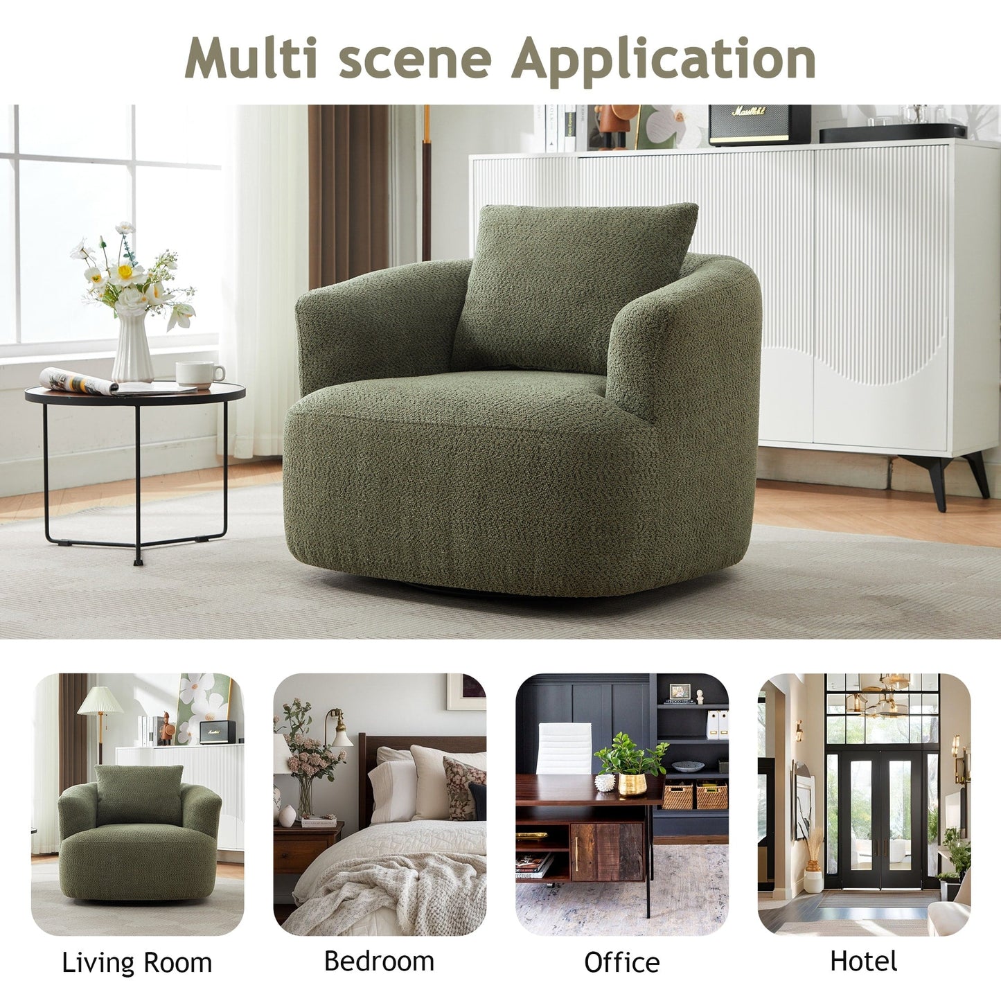 Chaise pivotante à 360°, chaise d'appoint en bouclé de 38,2 pouces avec coussin, canapé-fauteuil capitonné avec accoudoirs incurvés