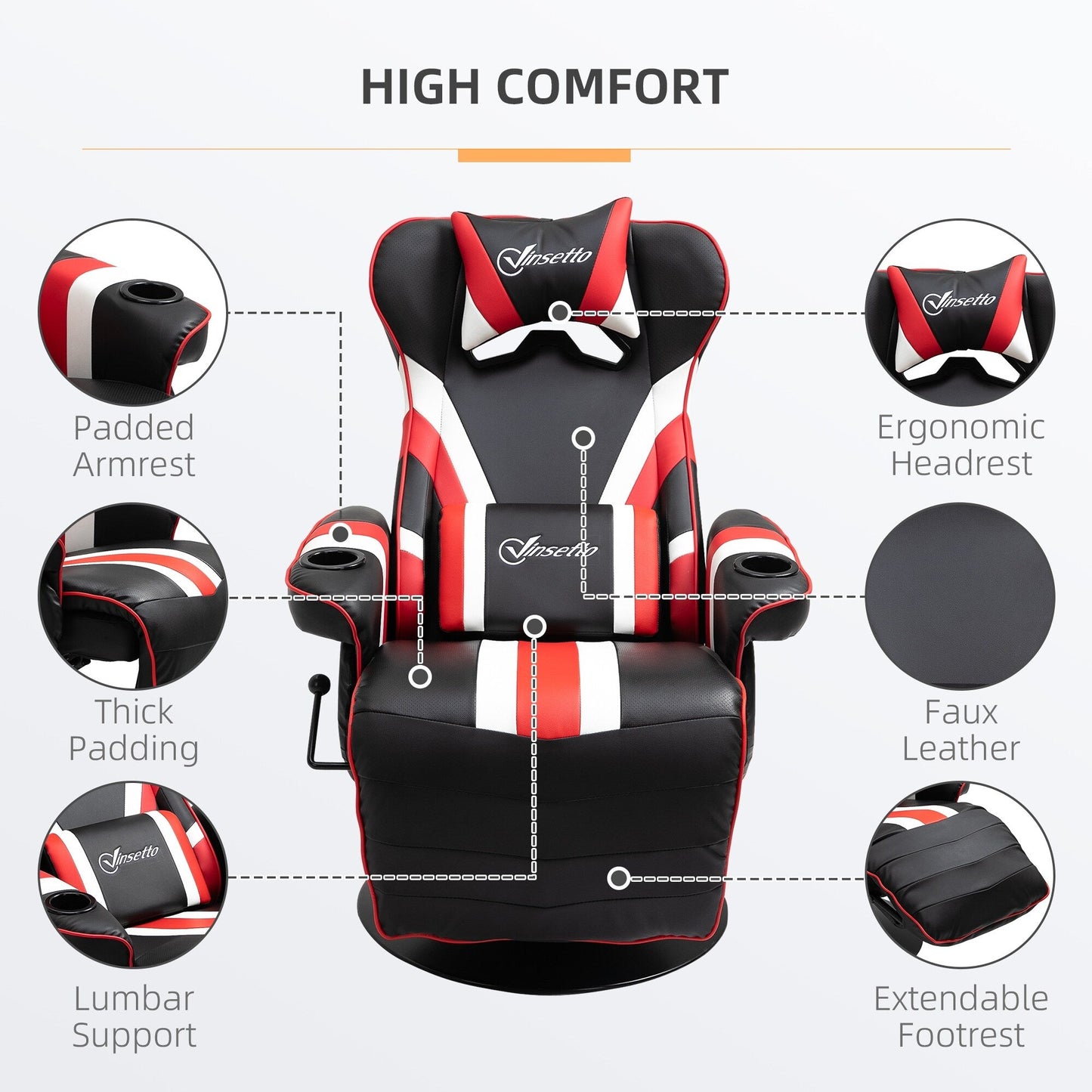 Fauteuil gaming inclinable de style course automobile pivotant à 360°, avec support lombaire, repose-pieds et double porte-gobelets pour salle de jeux.