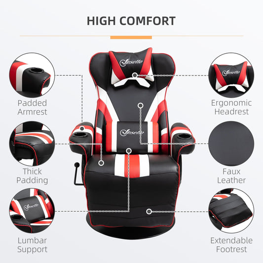 Fauteuil gaming inclinable de style course automobile pivotant à 360°, avec support lombaire, repose-pieds et double porte-gobelets pour salle de jeux.