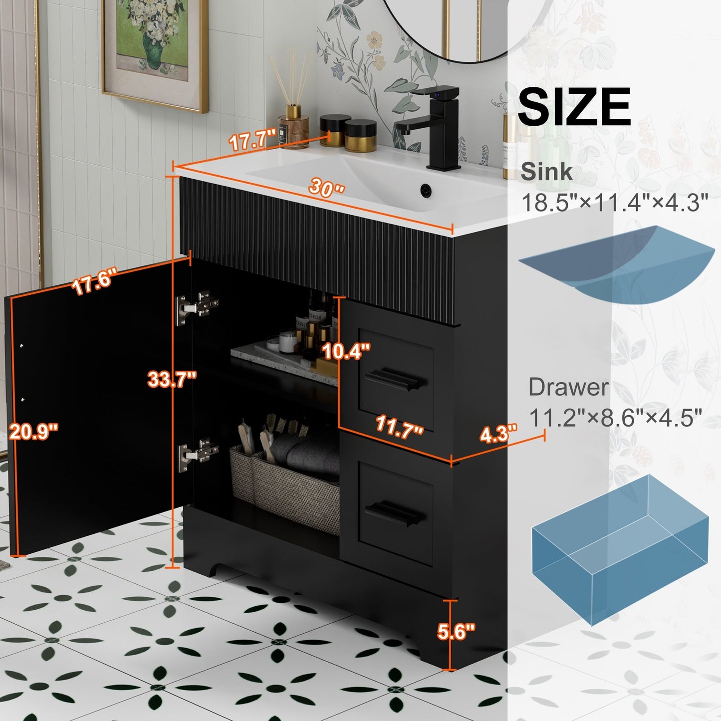 Ensemble de meuble-lavabo Wavy Line 30/36/48 avec lavabo et robinet
