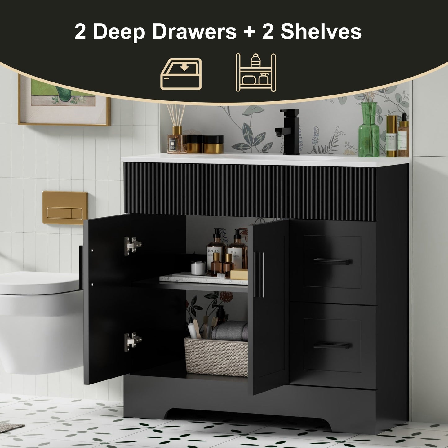 Ensemble de meuble-lavabo Wavy Line 30/36/48 avec lavabo et robinet