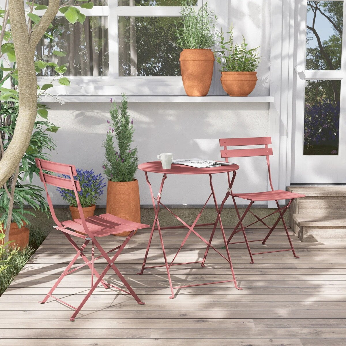 Ensemble de bistro pliable en métal 3 pièces, ensemble de conversation résistant aux intempéries pour l'intérieur et l'extérieur, pour patio, cour, jardin.