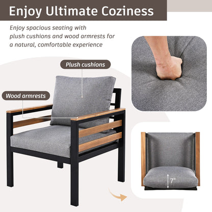 Ensemble de canapé d'extérieur 4 pièces pour 5 personnes avec coussins amovibles et table basse en bois massif