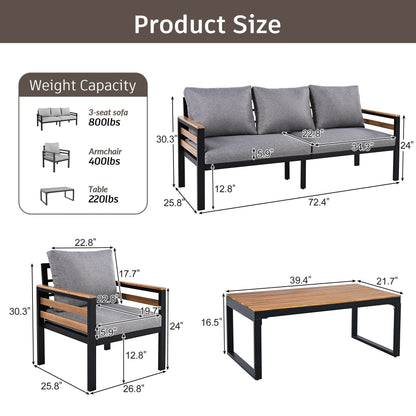 Ensemble de canapé d'extérieur 4 pièces pour 5 personnes avec coussins amovibles et table basse en bois massif