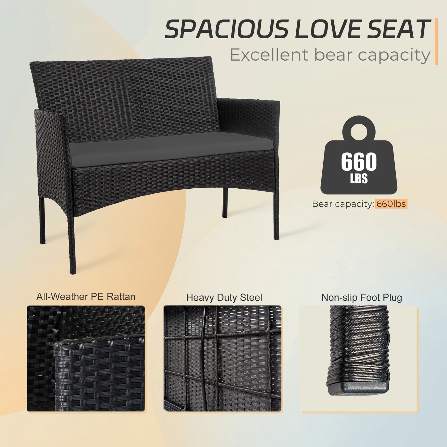 Ensemble de meubles en osier pour patio, 4 pièces, ensemble de meubles d'extérieur en rotin avec coussins