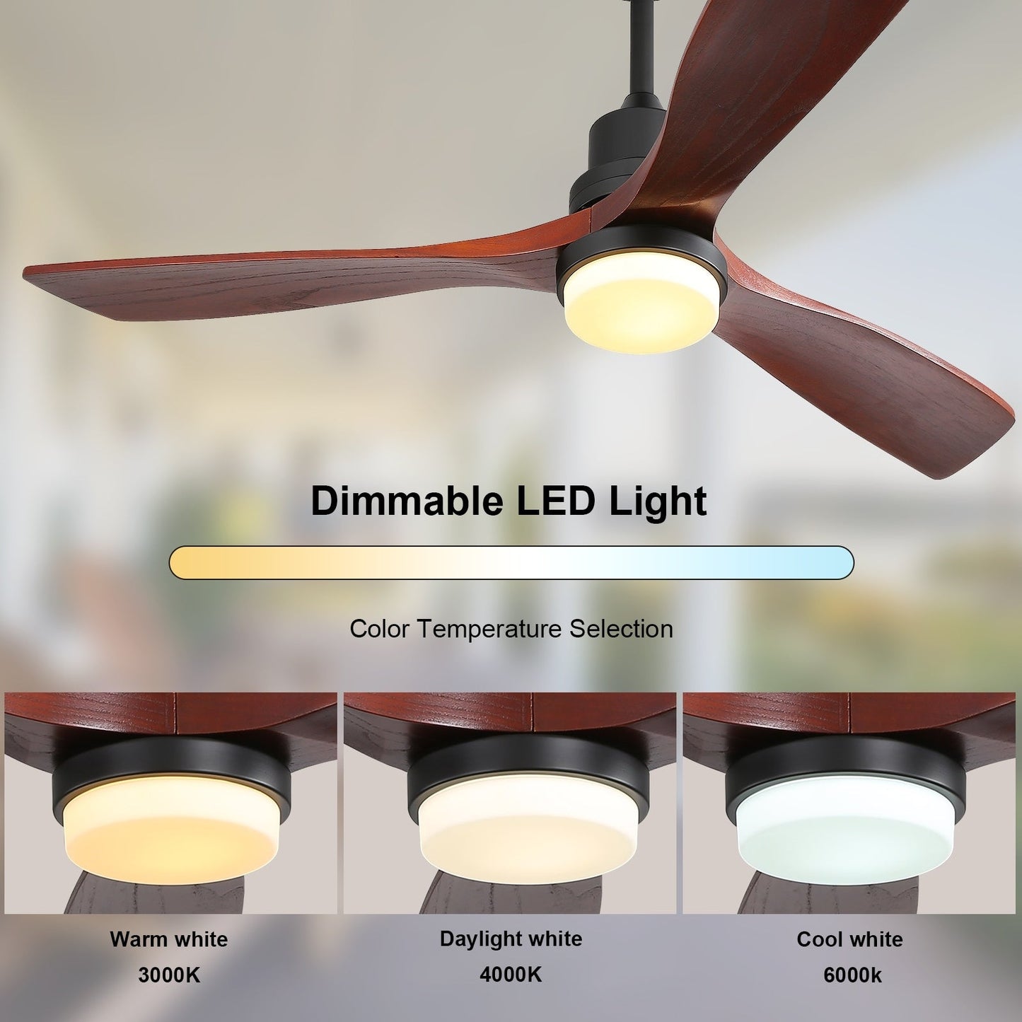 Ventilateur de plafond intérieur en bois Sofucor 52 avec télécommande, éclairage intégré en option.