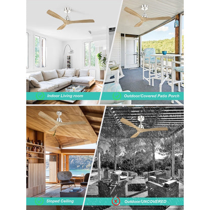 Ventilateur de plafond intérieur en bois Sofucor 52 avec télécommande, éclairage intégré en option.