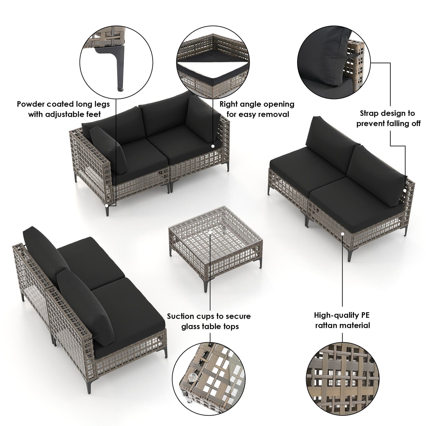 Ensemble de canapés modulaires d'extérieur pour 6 personnes avec coussins