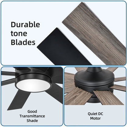 Ventilateur de plafond Moasis noir mat de 60 pouces avec 8 pales, éclairage LED et télécommande - 60