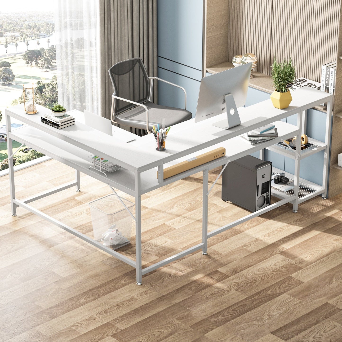 Bureau en forme de L avec étagère pour moniteur, bureau d'ordinateur d'angle réversible pour bureau à domicile 69