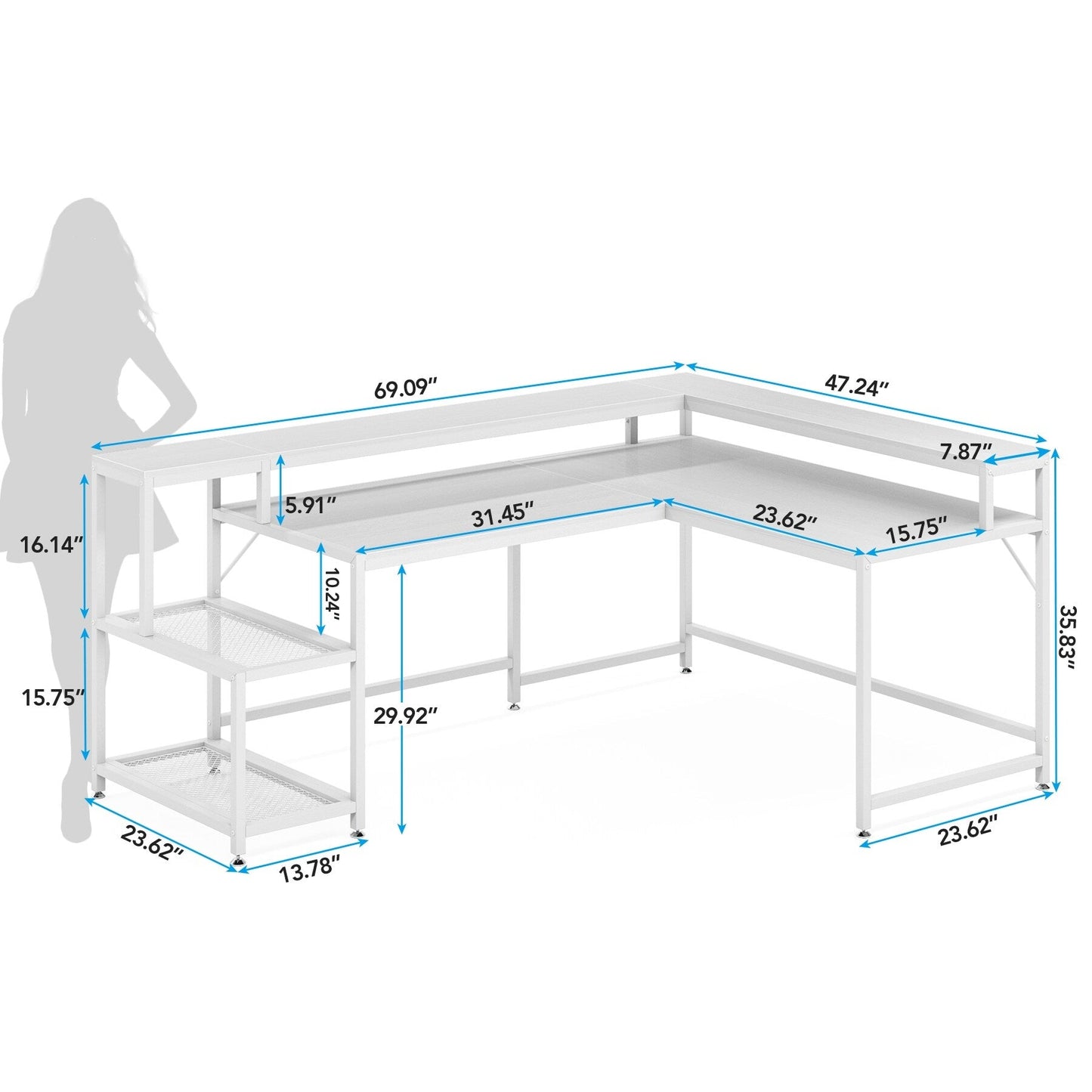 Bureau en forme de L avec étagère pour moniteur, bureau d'ordinateur d'angle réversible pour bureau à domicile 69