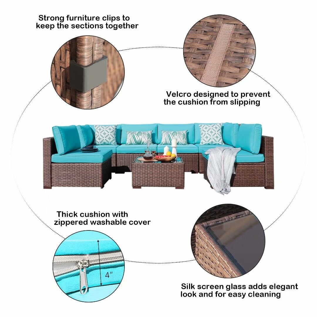 Ensemble de canapé d'extérieur modulable en osier et acier avec coussins, 7 pièces