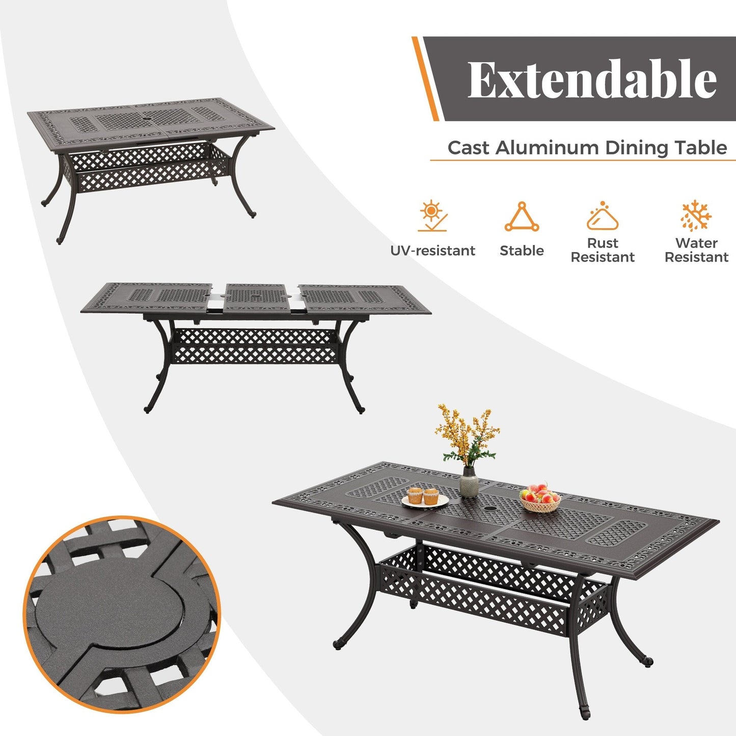 Ensemble de repas de jardin MAISON ARTS 7 pièces en fonte d'aluminium avec table rectangulaire extensible et 6 chaises en fonte d'aluminium