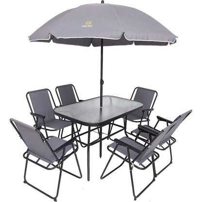 Ensemble de repas de terrasse 8 pièces, ensemble de table de jardin d'extérieur avec parasol amovible, table en verre et 6 chaises pliantes