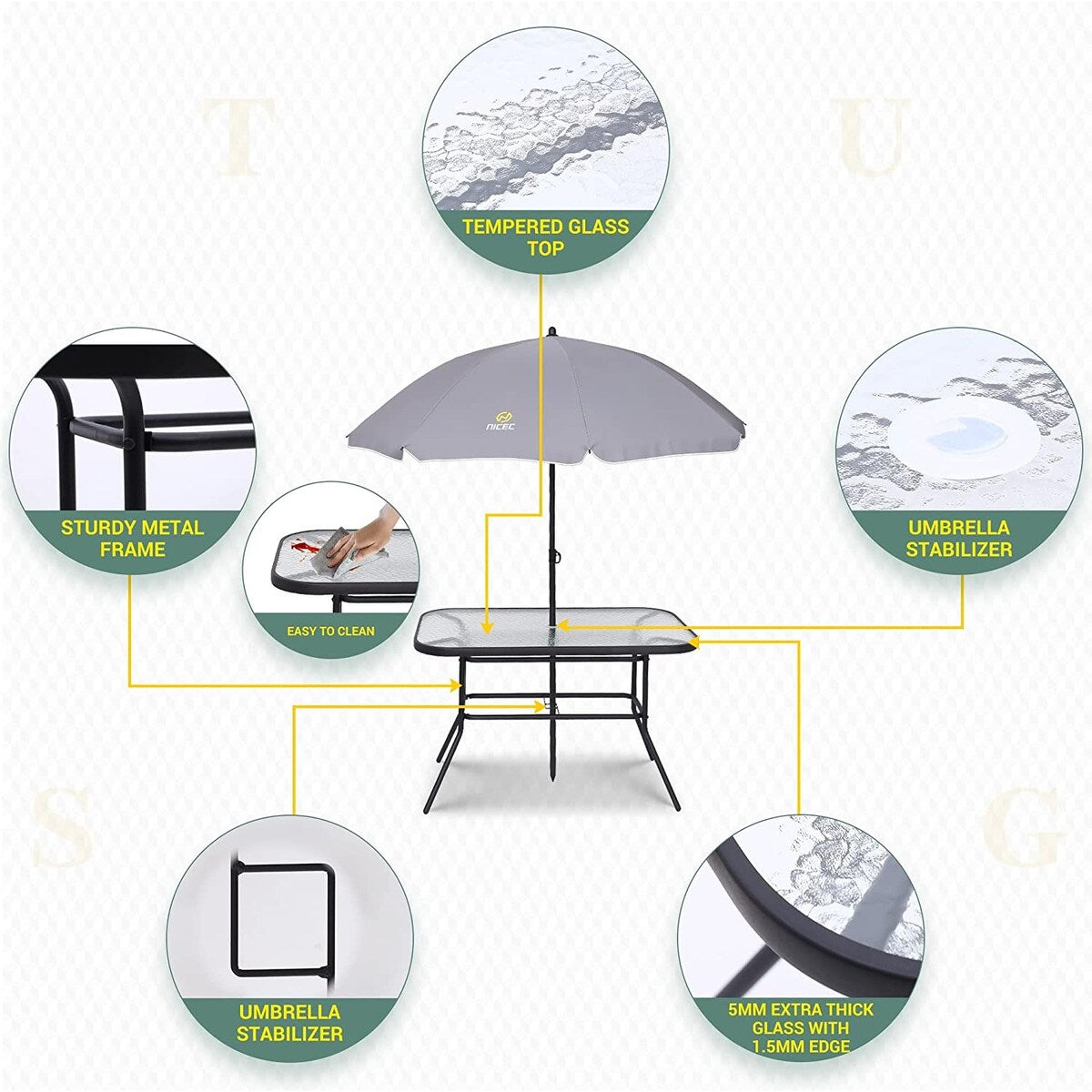 Ensemble de repas de terrasse 8 pièces, ensemble de table de jardin d'extérieur avec parasol amovible, table en verre et 6 chaises pliantes