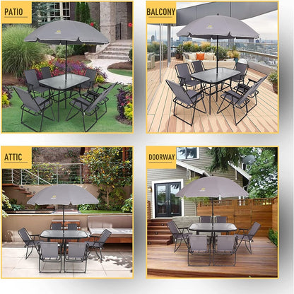 Ensemble de repas de terrasse 8 pièces, ensemble de table de jardin d'extérieur avec parasol amovible, table en verre et 6 chaises pliantes