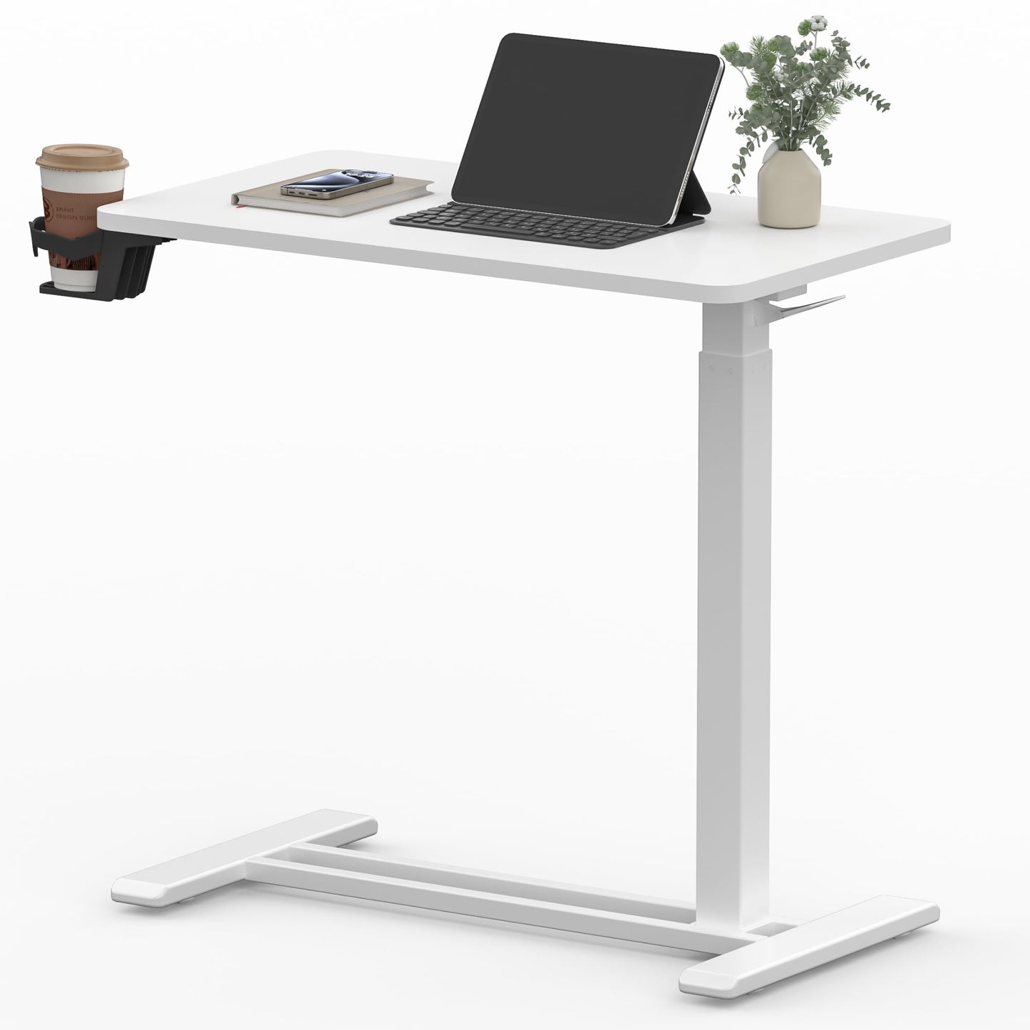 FunniHomi 28/32 Movable Overbed Table Height Adjustable Computer Desk with Wheels, White/Black Laptop Table for Bed and Sofa