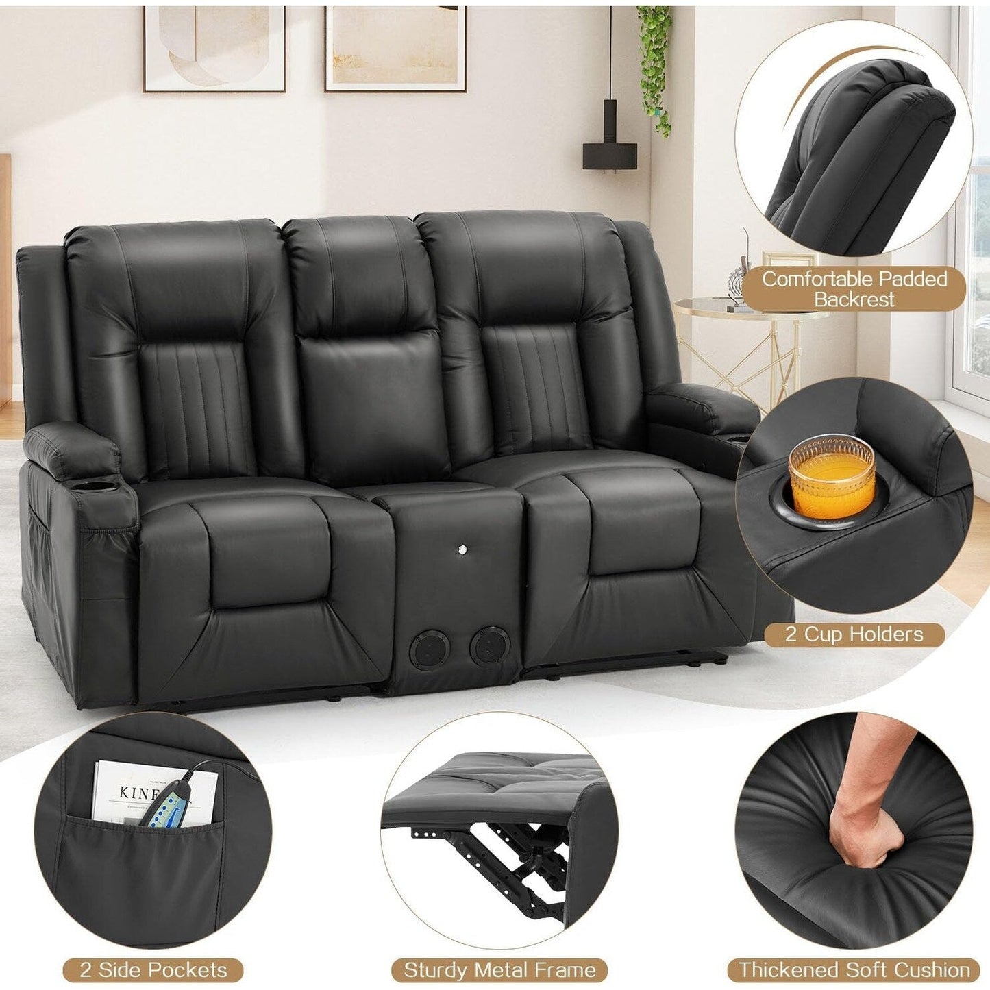AECOJOY Recliner Sofa Manual RV Reclining Couch PU Home Theater Seating w/ Console