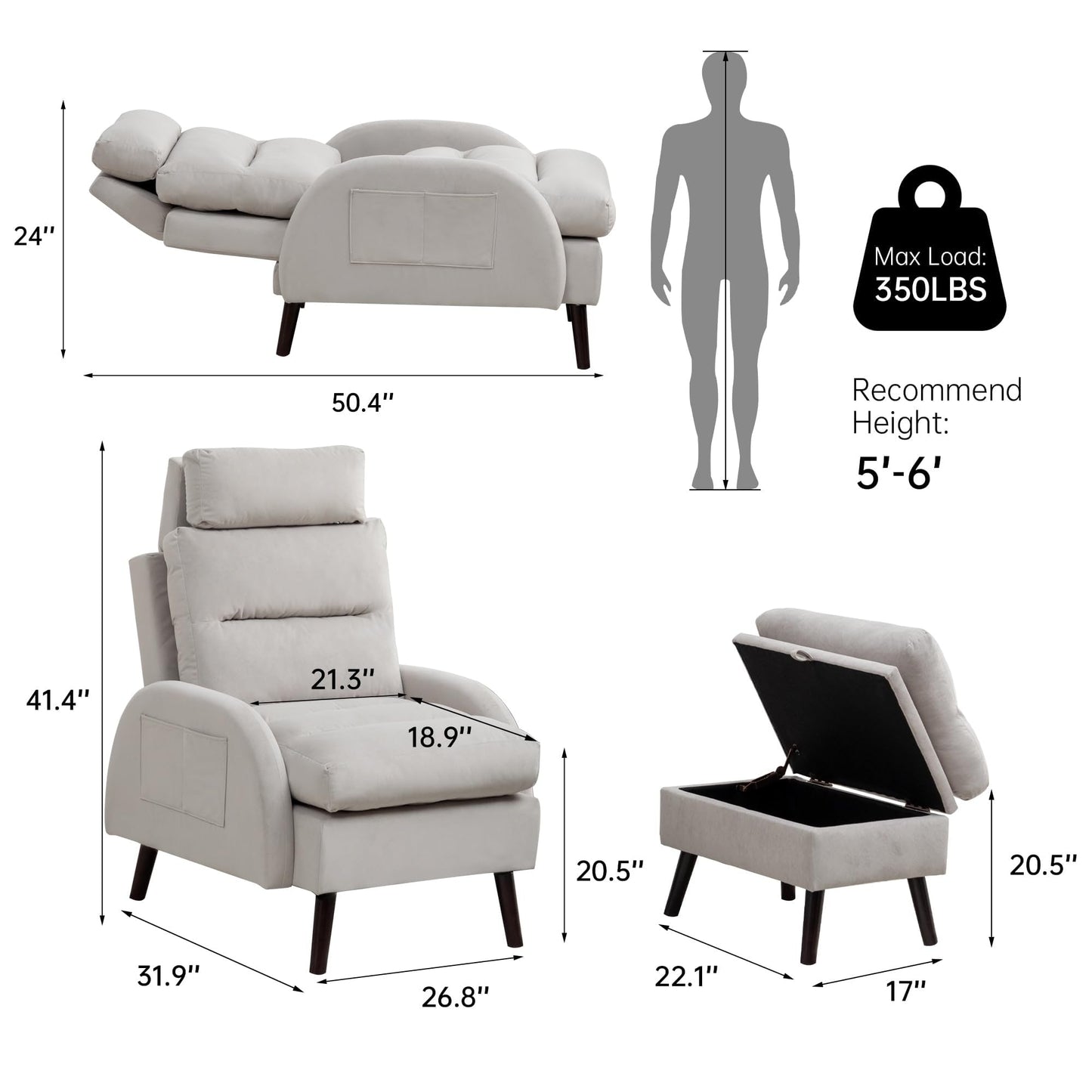 HOMYKA Fauteuil d'appoint avec dossier réglable et rangement intégré dans le repose-pieds