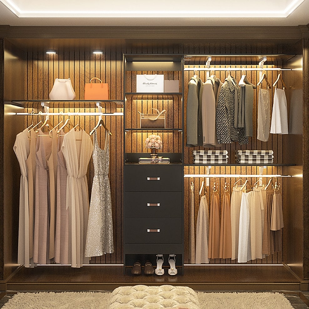 Rackcog Organisateur de placard réglable de 305 cm avec tiroirs, système de rangement avec étagères personnalisables pour placard à l'italienne et placard à porte coulissante