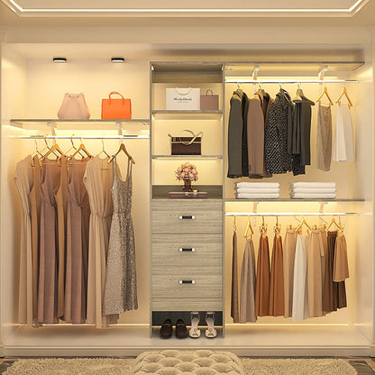 Rackcog Organisateur de placard réglable de 305 cm avec tiroirs, système de rangement avec étagères personnalisables pour placard à l'italienne et placard à porte coulissante