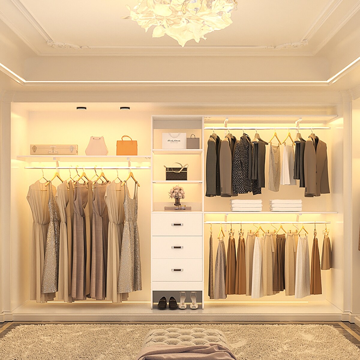 Rackcog Organisateur de placard réglable de 305 cm avec tiroirs, système de rangement avec étagères personnalisables pour placard à l'italienne et placard à porte coulissante