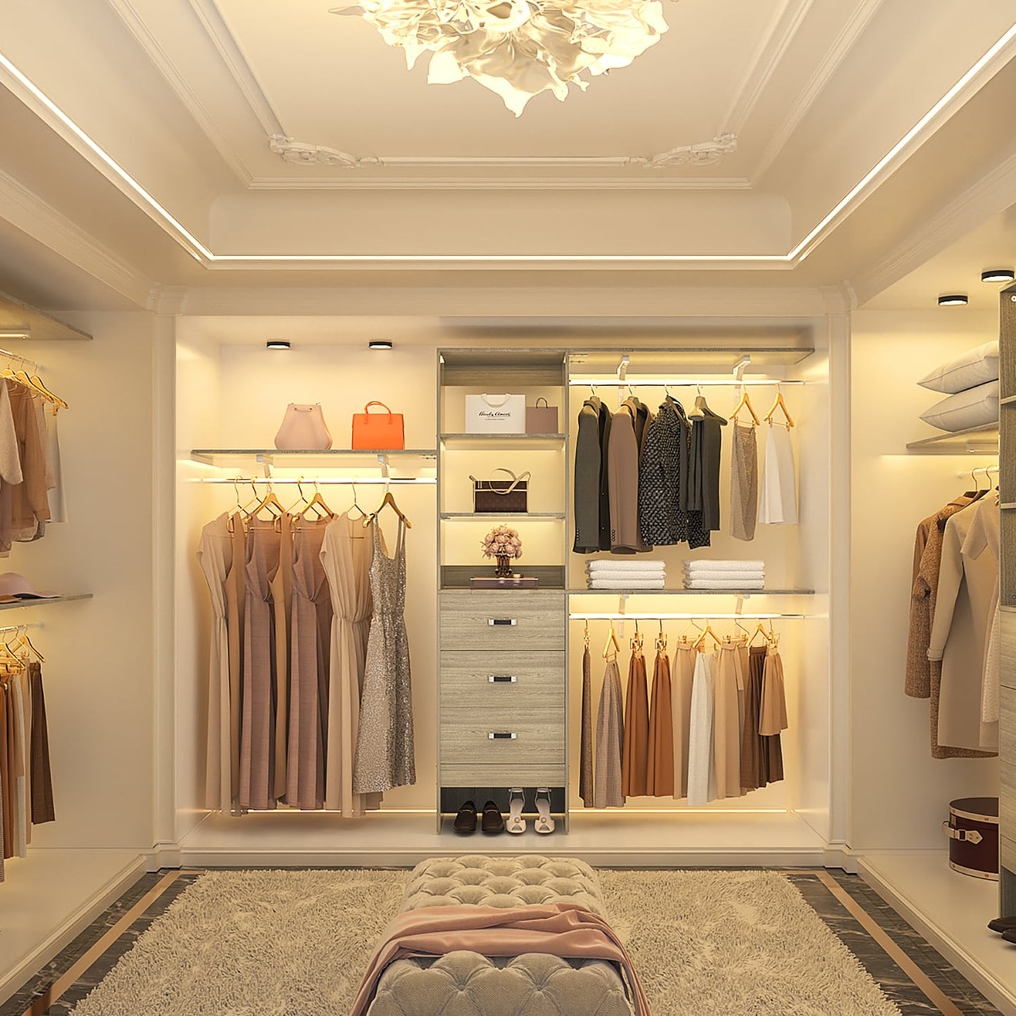 Rackcog Organisateur de placard réglable de 305 cm avec tiroirs, système de rangement avec étagères personnalisables pour placard à l'italienne et placard à porte coulissante