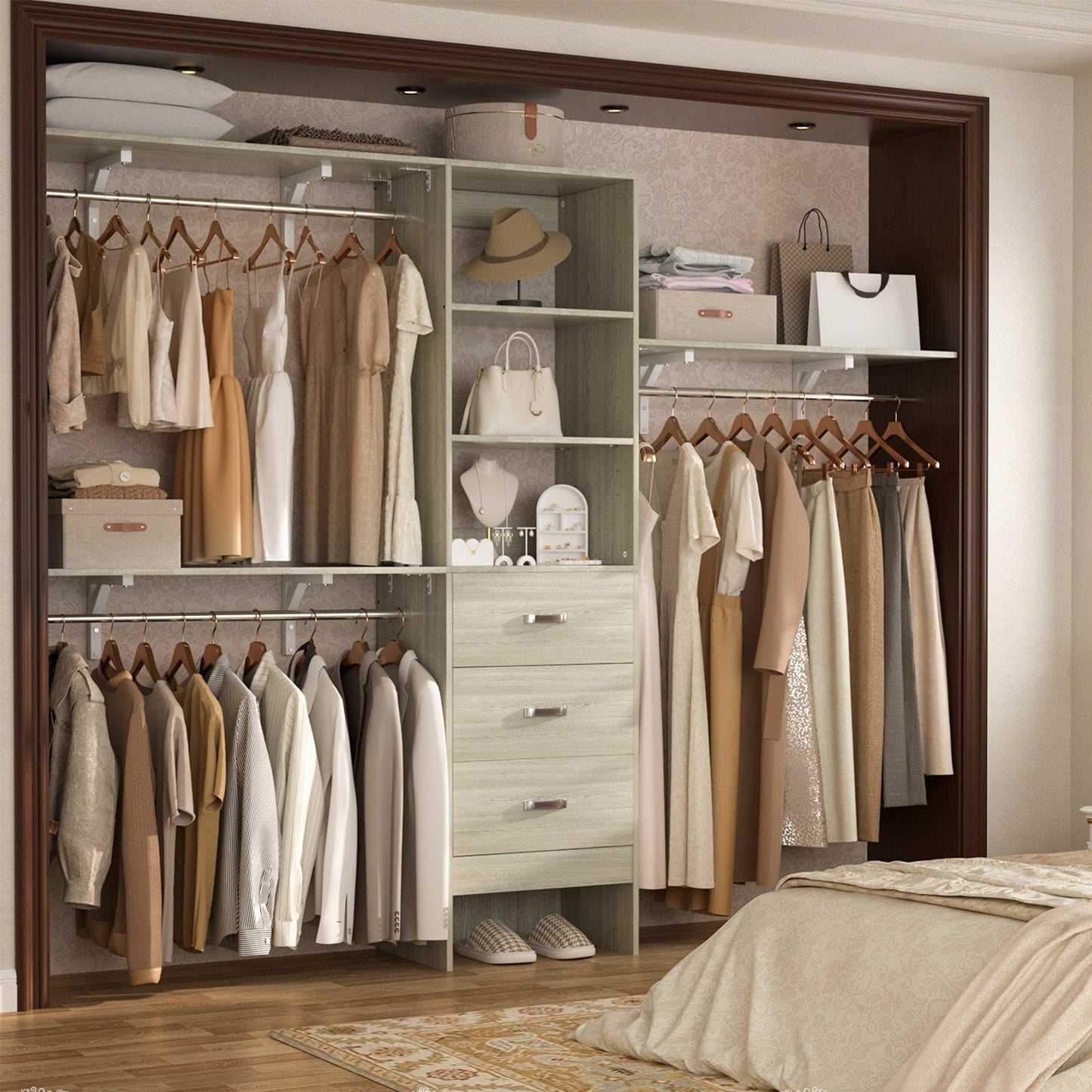 Rackcog Organisateur de placard réglable de 305 cm avec tiroirs, système de rangement avec étagères personnalisables pour placard à l'italienne et placard à porte coulissante