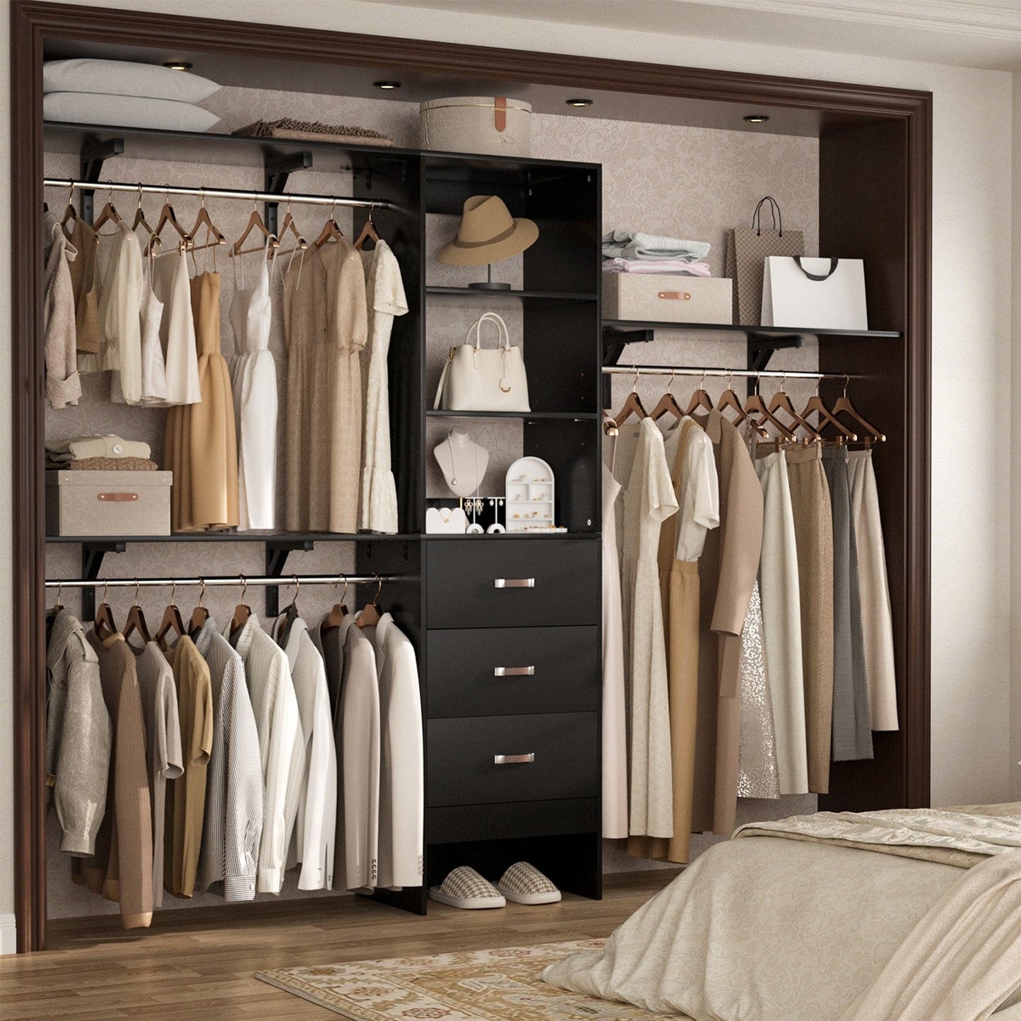 Rackcog Organisateur de placard réglable de 305 cm avec tiroirs, système de rangement avec étagères personnalisables pour placard à l'italienne et placard à porte coulissante