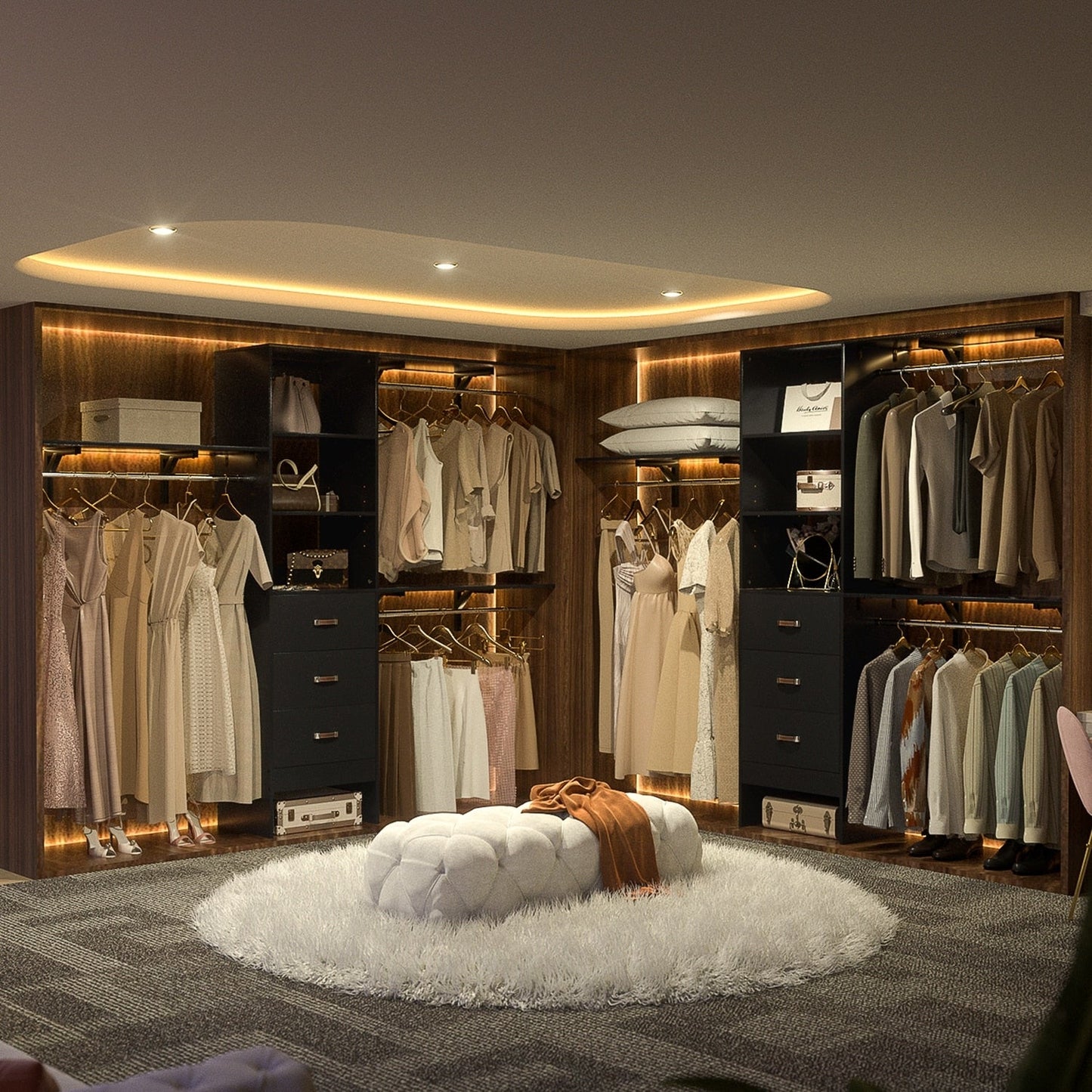 Rackcog Organisateur de placard réglable de 305 cm avec tiroirs, système de rangement avec étagères personnalisables pour placard à l'italienne et placard à porte coulissante