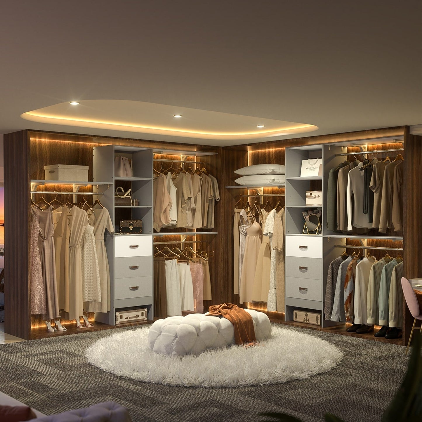 Rackcog Organisateur de placard réglable de 305 cm avec tiroirs, système de rangement avec étagères personnalisables pour placard à l'italienne et placard à porte coulissante