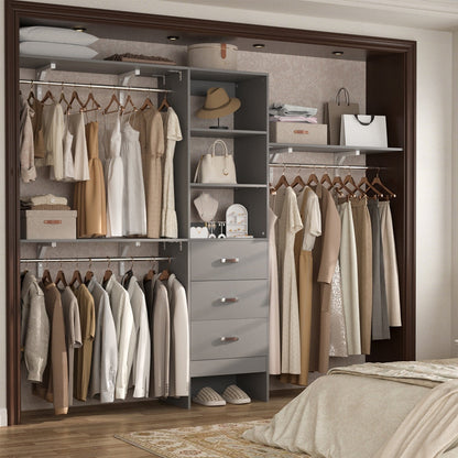 Rackcog Organisateur de placard réglable de 305 cm avec tiroirs, système de rangement avec étagères personnalisables pour placard à l'italienne et placard à porte coulissante