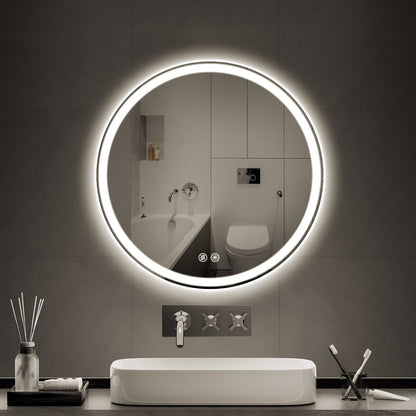 Miroir de coiffure rond sans cadre, à éclairage LED, avec fonction de gradation et anti-buée.