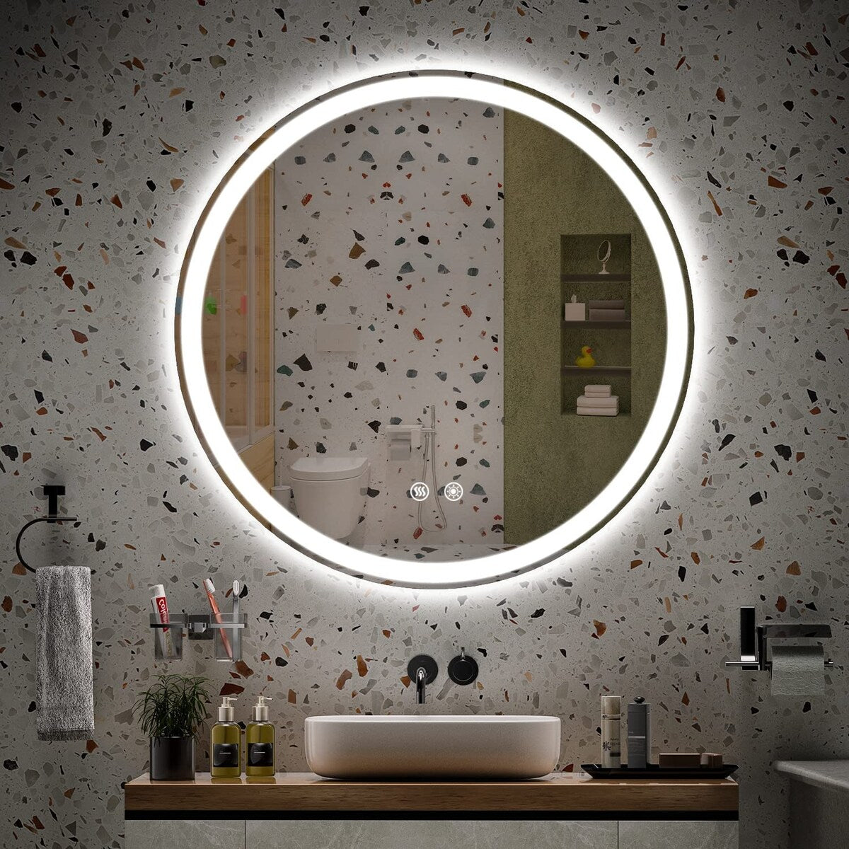 Miroir de coiffure rond sans cadre, à éclairage LED, avec fonction de gradation et anti-buée.