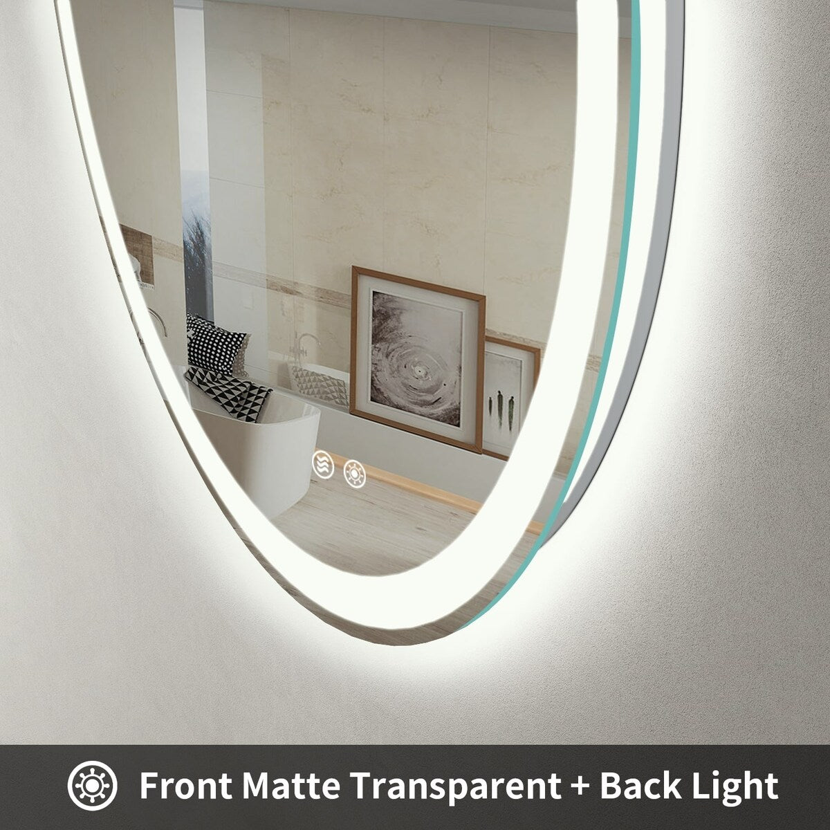 Miroir de coiffure rond sans cadre, à éclairage LED, avec fonction de gradation et anti-buée.