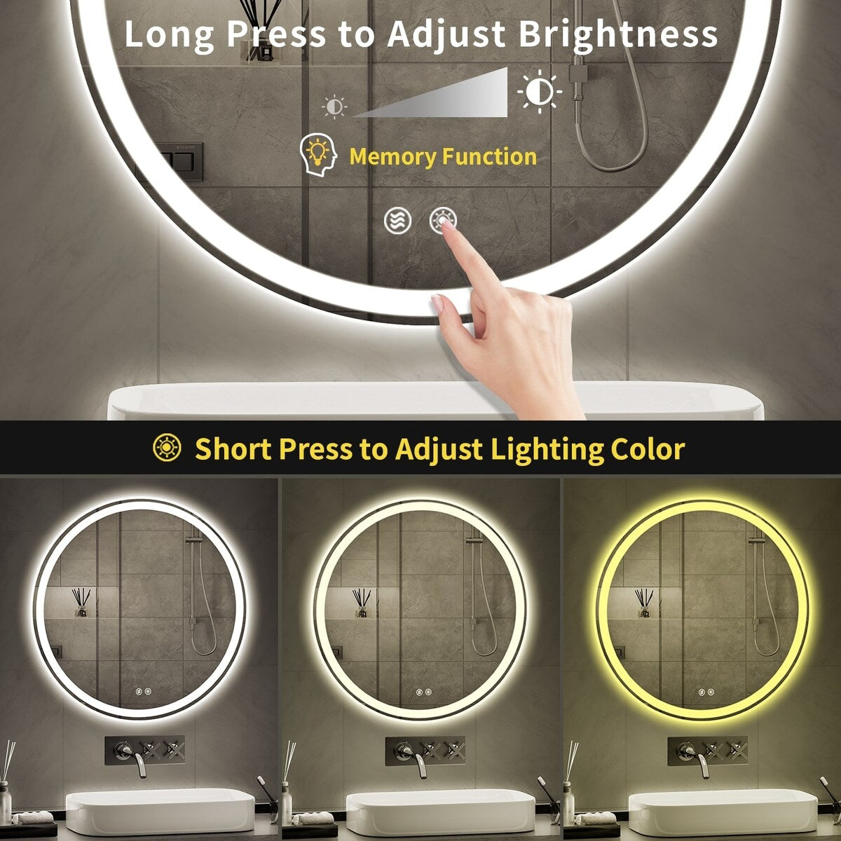 Miroir de coiffure rond sans cadre, à éclairage LED, avec fonction de gradation et anti-buée.